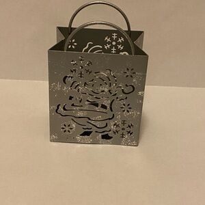 Silver Gift Bag Shaped Metal Tealight Candle Holder - Santa & Snowflake Design